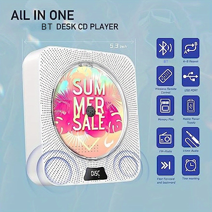 portable cd player with wireless cd home desktop audio boombox music player with remote control fm radio built in hifi speakers jack aux support cd usb tf white details 1