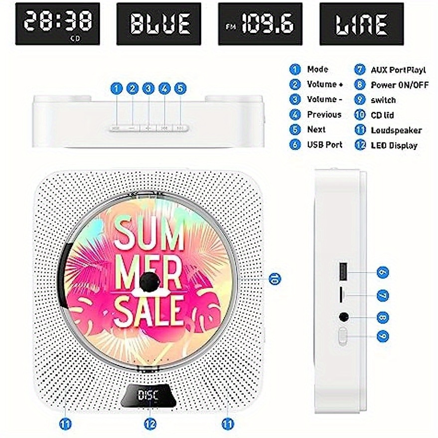 portable cd player with wireless cd home desktop audio boombox music player with remote control fm radio built in hifi speakers jack aux support cd usb tf white details 3