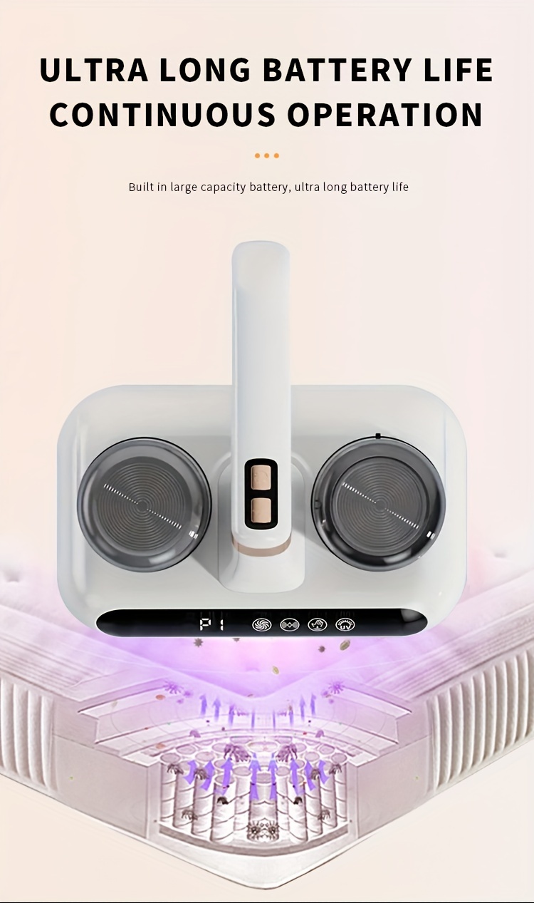 uv wireless dust mite vacuum cleaner with high frequency beating usb charging 5400mah lithium rechargeable battery washable filter for bedroom sofa and bedding details 3