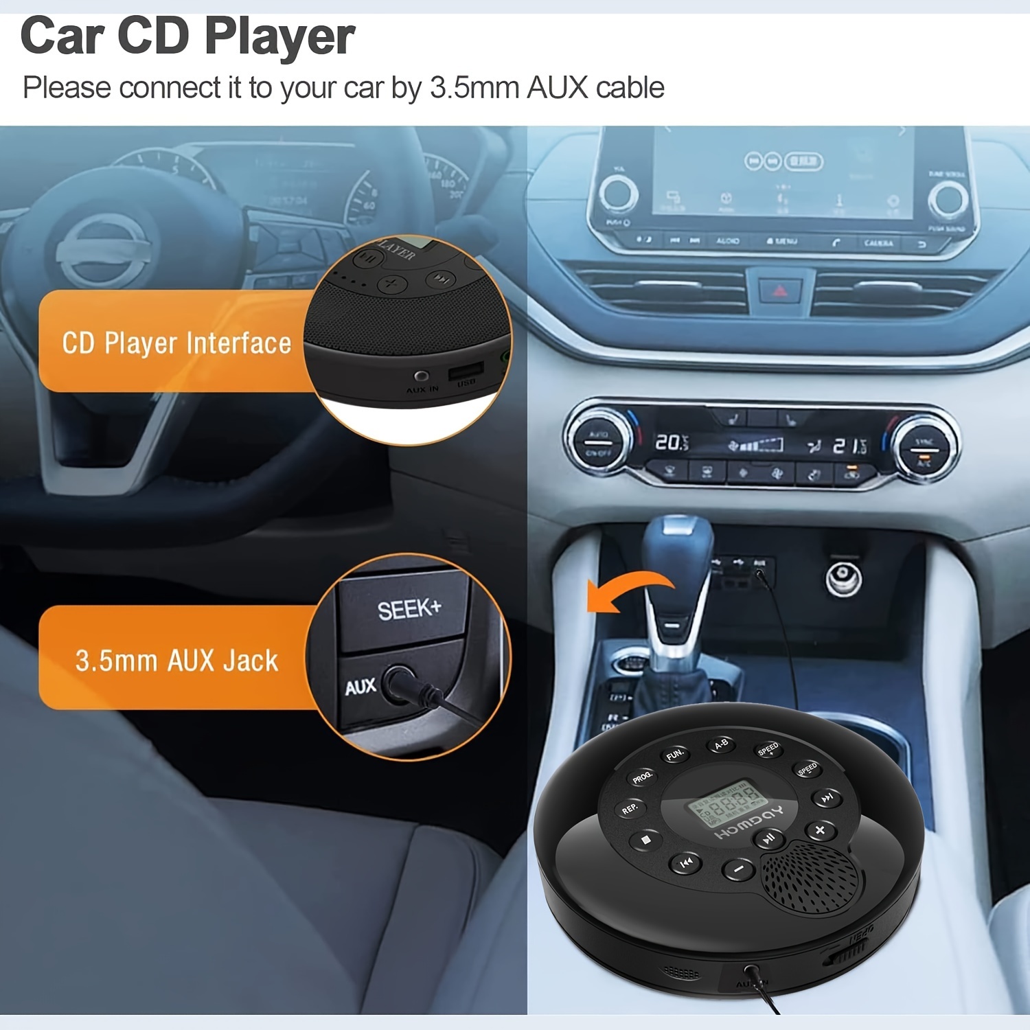 usb rechargeable portable cd player with dual stereo speakers anti built in lithium polymer battery headphones aux cable for audio listening details 0