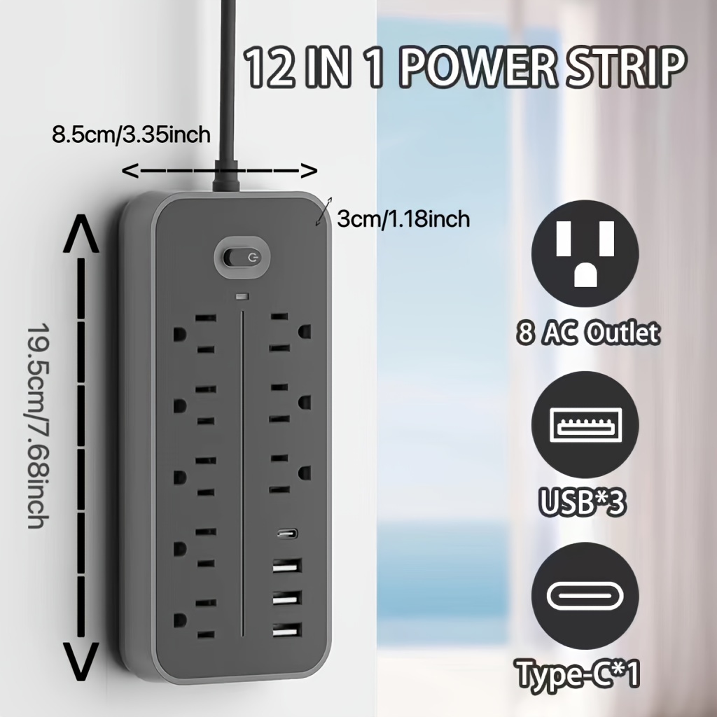 flat plug   with protector 8 ac outlets 3 usb   type c   desktop charging station fast charging 4 5 feet sturdy and   extension cord suitable for home and office black white details 1