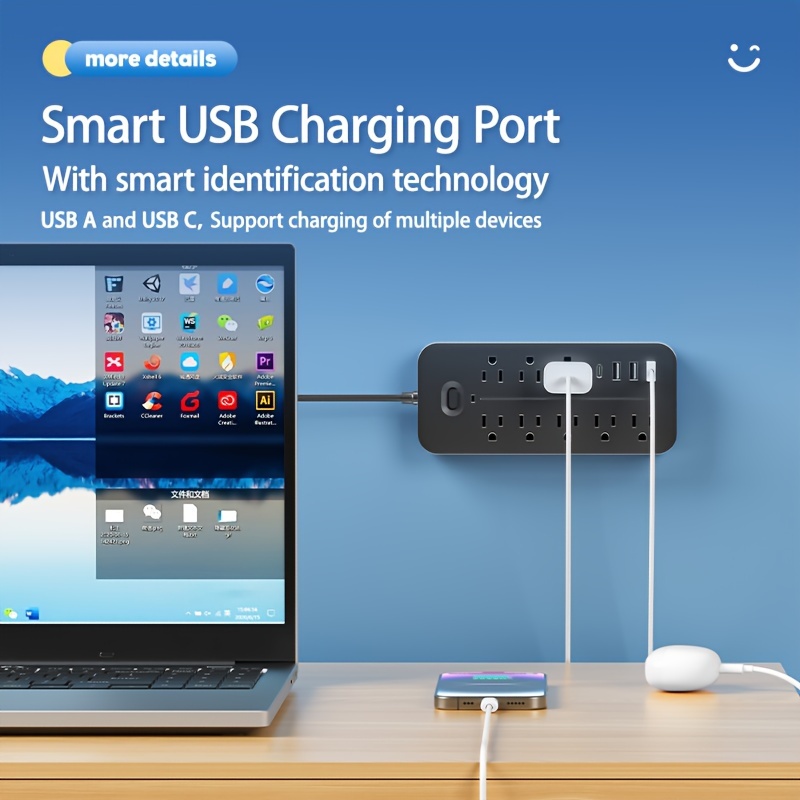 flat plug   with protector 8 ac outlets 3 usb   type c   desktop charging station fast charging 4 5 feet sturdy and   extension cord suitable for home and office black white details 2