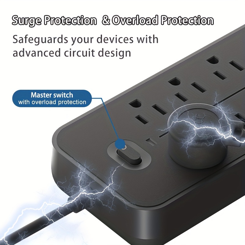 flat plug   with protector 8 ac outlets 3 usb   type c   desktop charging station fast charging 4 5 feet sturdy and   extension cord suitable for home and office black white details 4